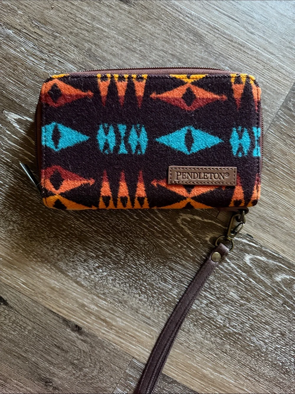 Pendleton Brown Wristlet with Turquoise & Orange Aztec Motif